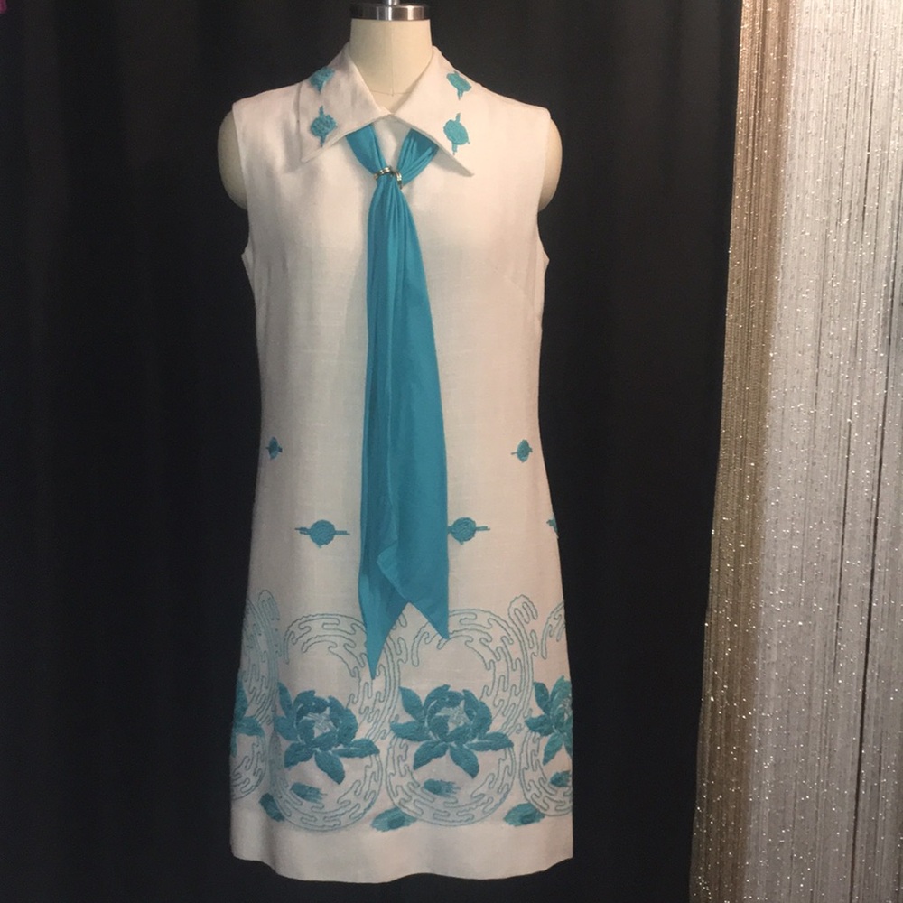 Sleeveless White Midi Dress with Teal Embroidery and Neck Tie